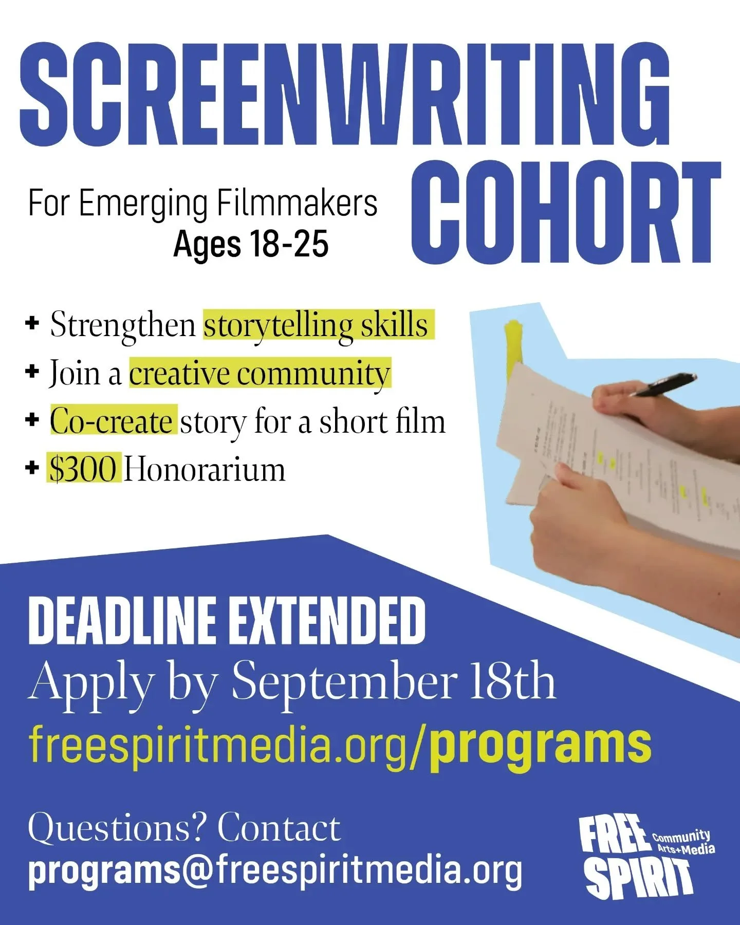 New EXTENDED DEADLINE: Submit your application for the 2026 Screenwriting Cohort by Friday, September 18th! Join a creative community of Chicago filmmakers and storytellers ages 18-25 and work together to develop the treatment for a short screenplay 