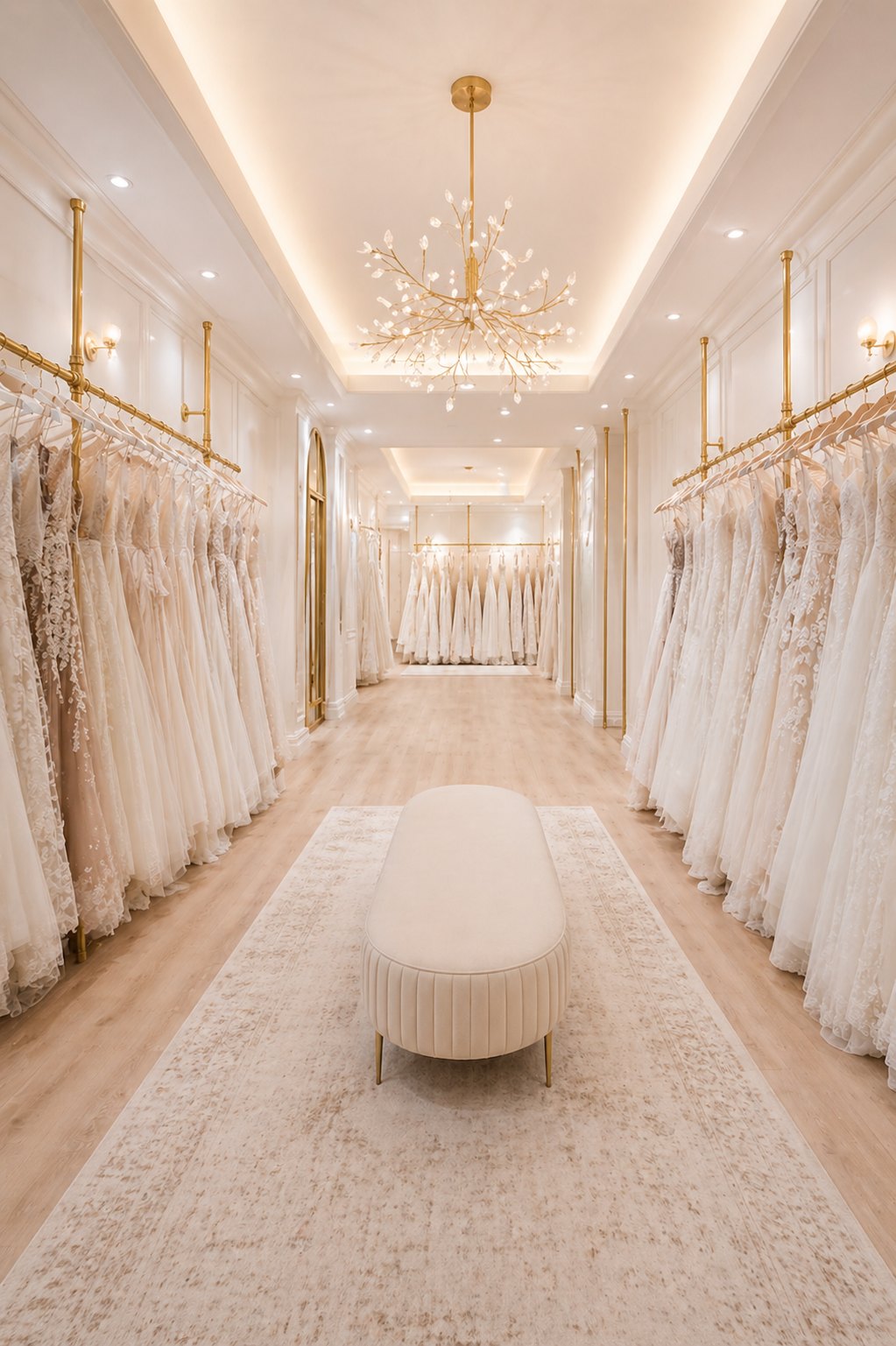 A luxurious bridal boutique with white wedding dresses hanging on golden racks on both sides of a softly lit, elegant room. There is a plush, cream-colored bench in the center on a light-colored rug, with a modern chandelier hanging from the ceiling.