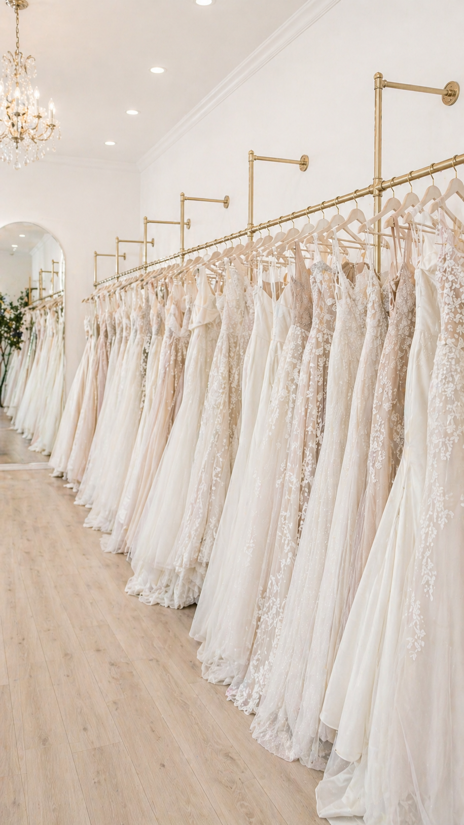 A row of white wedding dresses hanging on a gold clothing rack inside a bridal boutique.