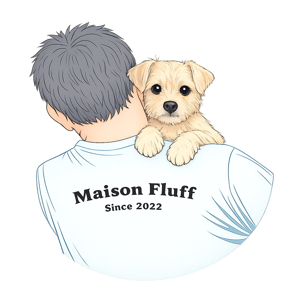Illustration of a person with short gray hair holding a small, light-colored puppy with floppy ears, back turned, wearing a white shirt with 'Maison Fluff Since 2022' written on it.