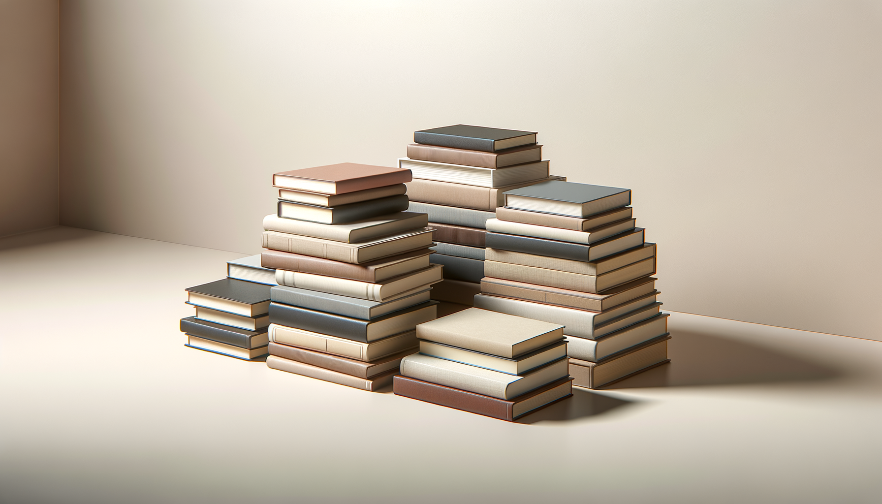 Multiple stacks of books arranged on a light-colored floor against a beige wall, with soft lighting and shadows.