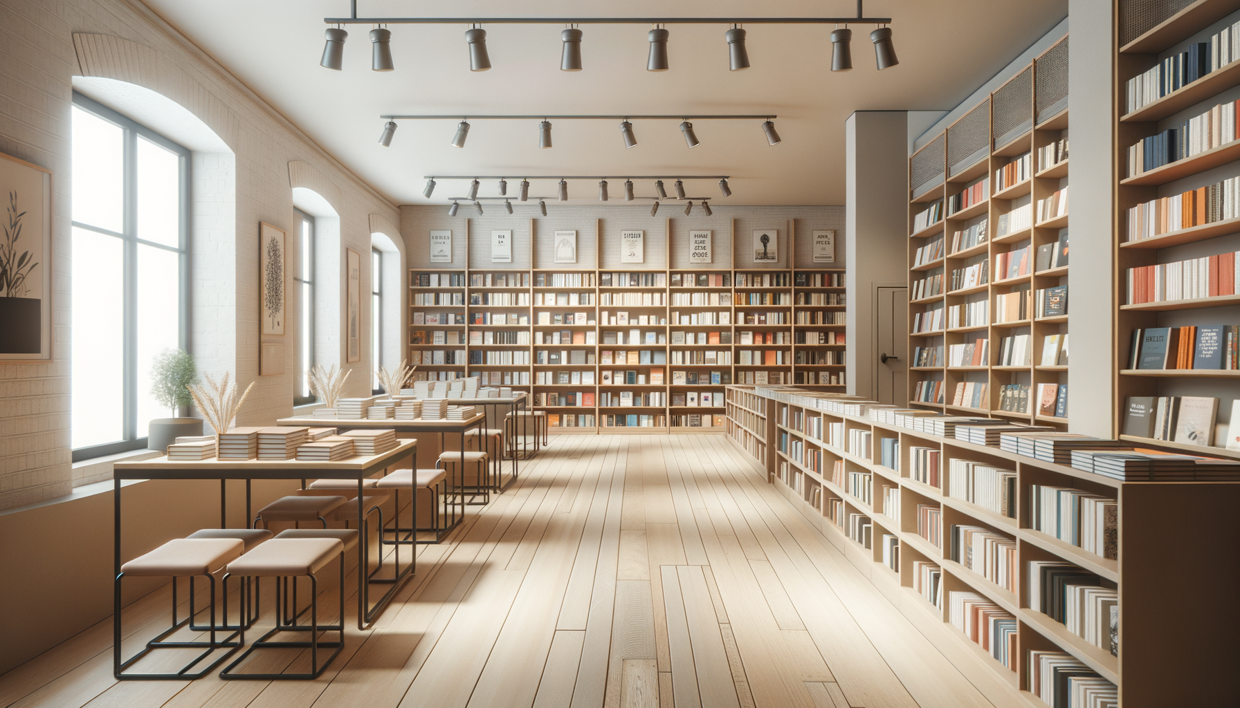 A bright modern bookstore or library with wooden floors and tall shelves filled with books, illuminated by large windows and ceiling spotlights.