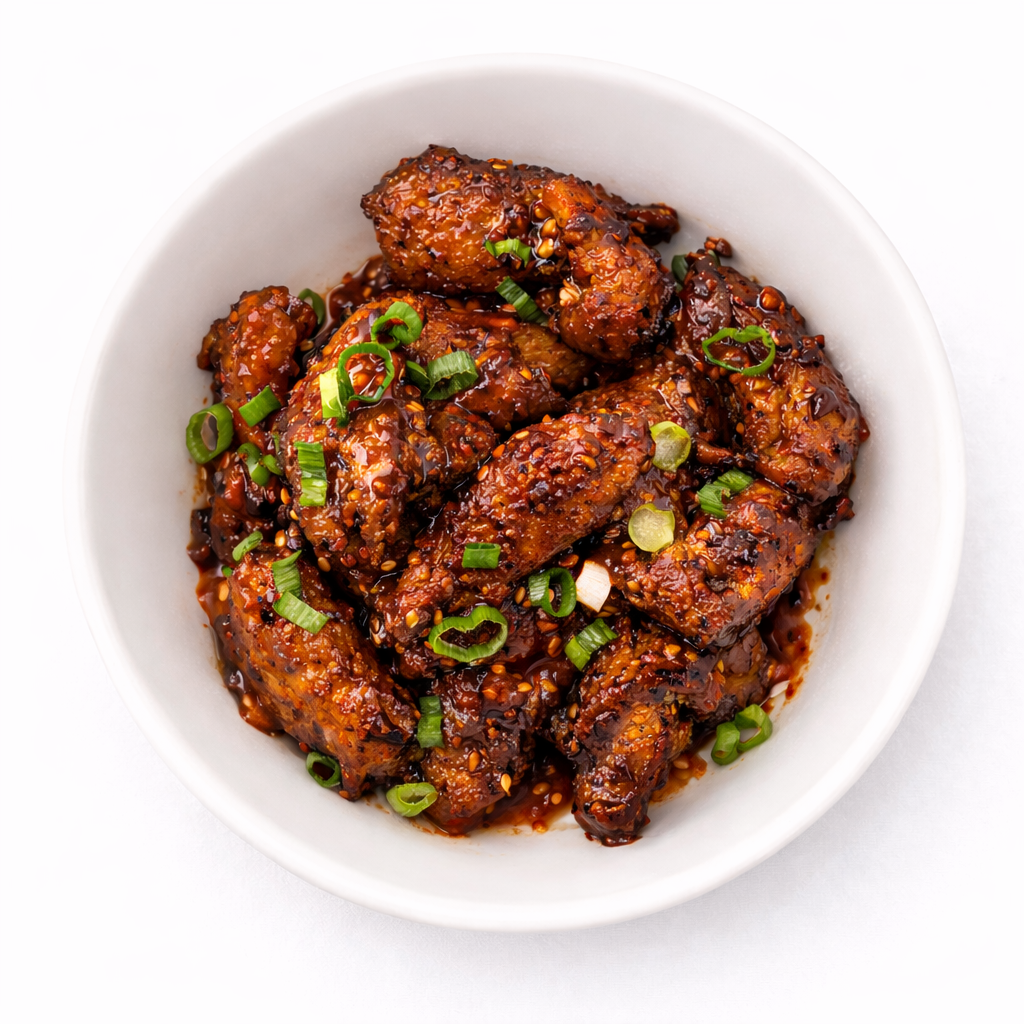Bowl of spicy glazed chicken wings garnished with chopped green onions.