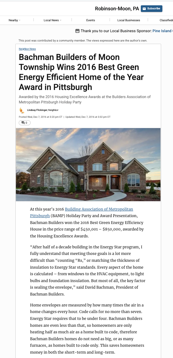 Screenshot of a news article about Bachman Builders of Moon Township winning the 2016 Best Green Energy Efficient Home of the Year Award, with a photo of a large brick house under a sunset sky.