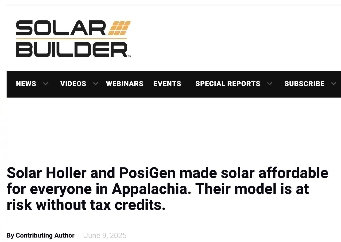 Screenshot of Solar Builder website article titled 'Solar Holler and PosiGen made solar affordable for everyone in Appalachia. Their model is at risk without tax credits.'