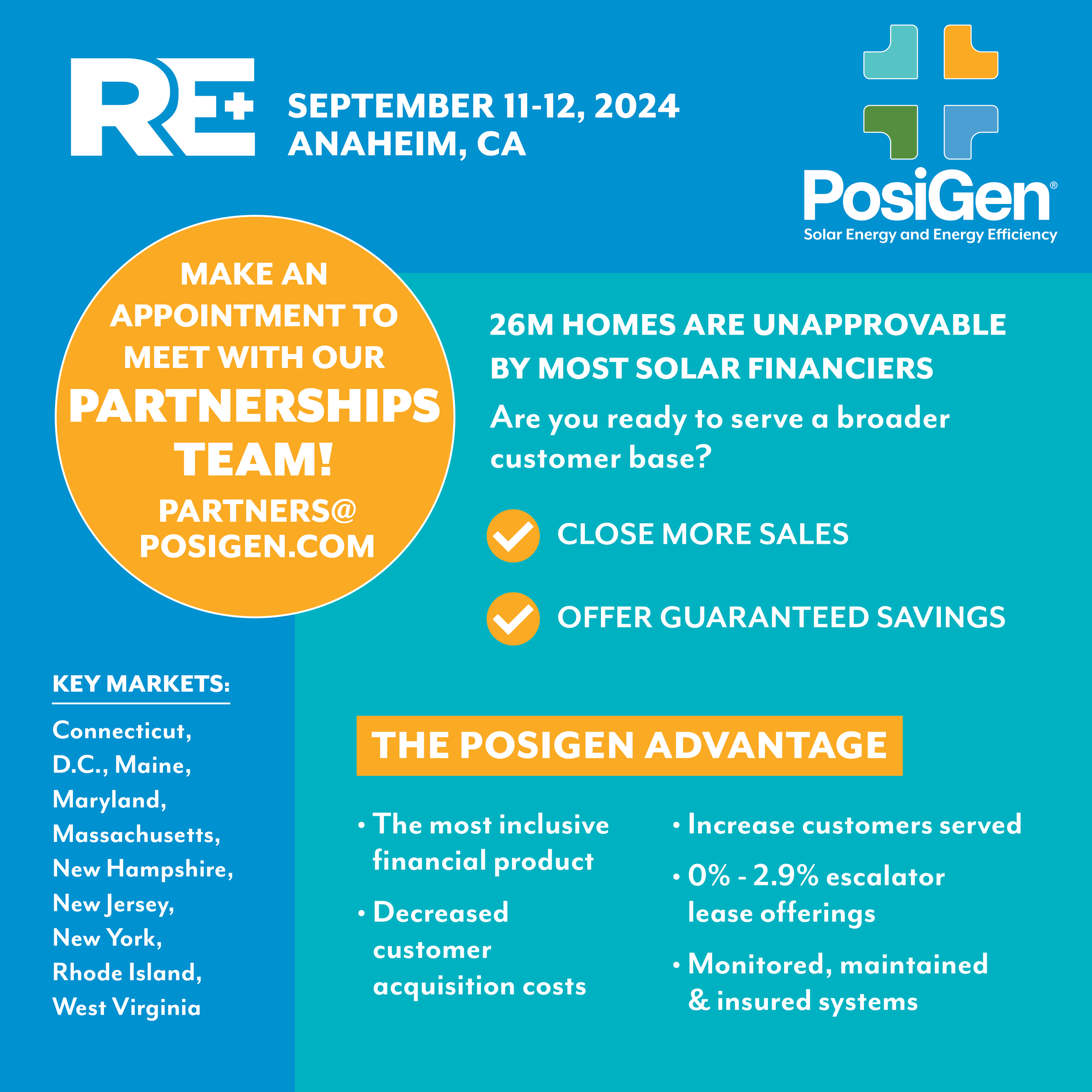 Conference announcement poster for Posigen solar energy company, dated September 11-12, 2024, in Anaheim, California. Highlights include partnership team contact info, key markets, and benefits of Posigen's solar solutions.