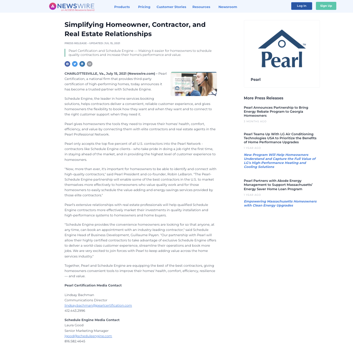 News release webpage about Pearl Certification and Schedule Engine partnership for home improvement and real estate.
