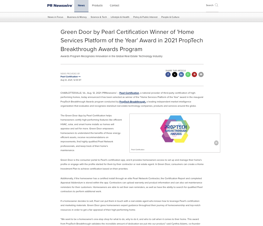 Press release webpage announcing Green Door as the winner of the 2021 PropTech Breakthrough Awards for Home Services Platform of the Year, awarded by Pearl Certification.