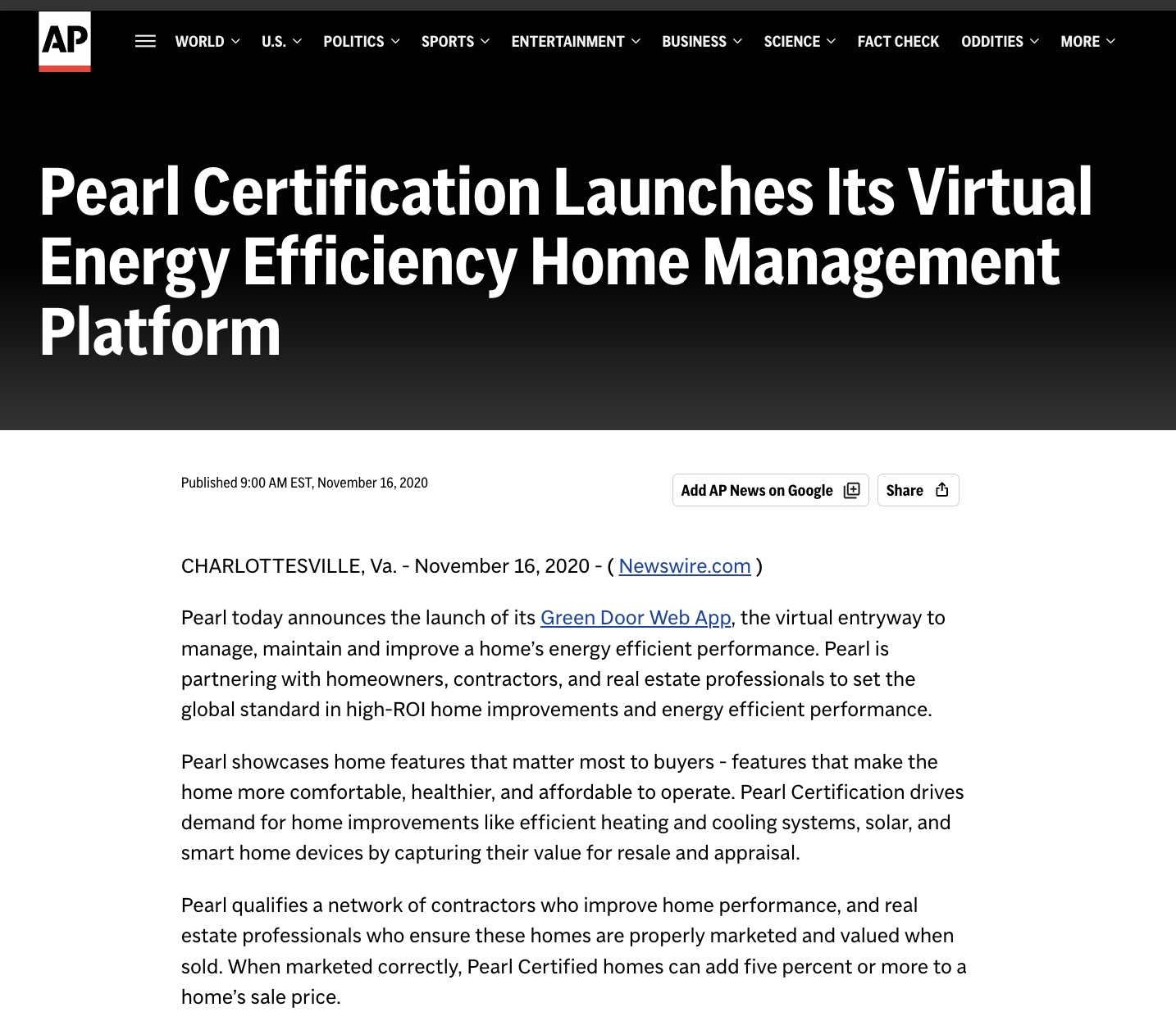 Screenshot of an online news article titled 'Pearl Certification Launches Its Virtual Energy Efficiency Home Management Platform' with a publication date of November 16, 2020, showing the article body detailing the launch of a web app for home energy