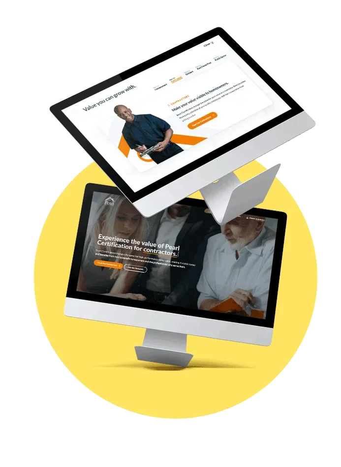 Two computer screens, one displaying a website for business growth with a man holding a tablet, the other showing a website for Pearl Certification for contractors, set against a yellow background.