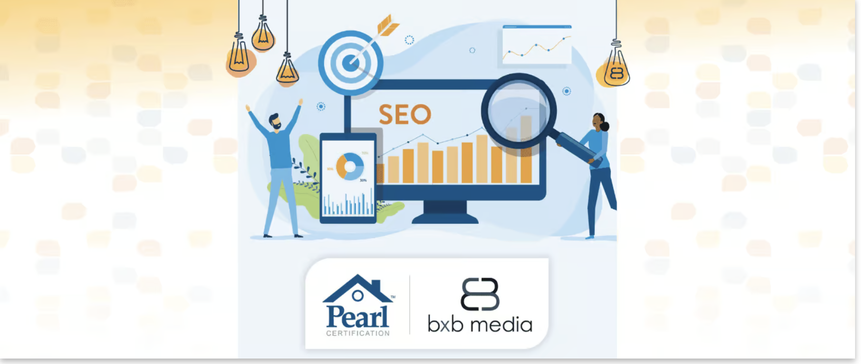 Illustration of digital marketing analysis with graphs, charts, and people, emphasizing SEO, with logos of Pearl Certification and bxb media at the bottom.