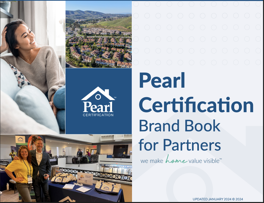 Cover of the Pearl Certification Brand Book featuring a woman smiling on a couch, an aerial view of a residential neighborhood, a Pearl Certification logo, a photo of a trade show booth with people, and the title 'Pearl Certification Brand Book for P