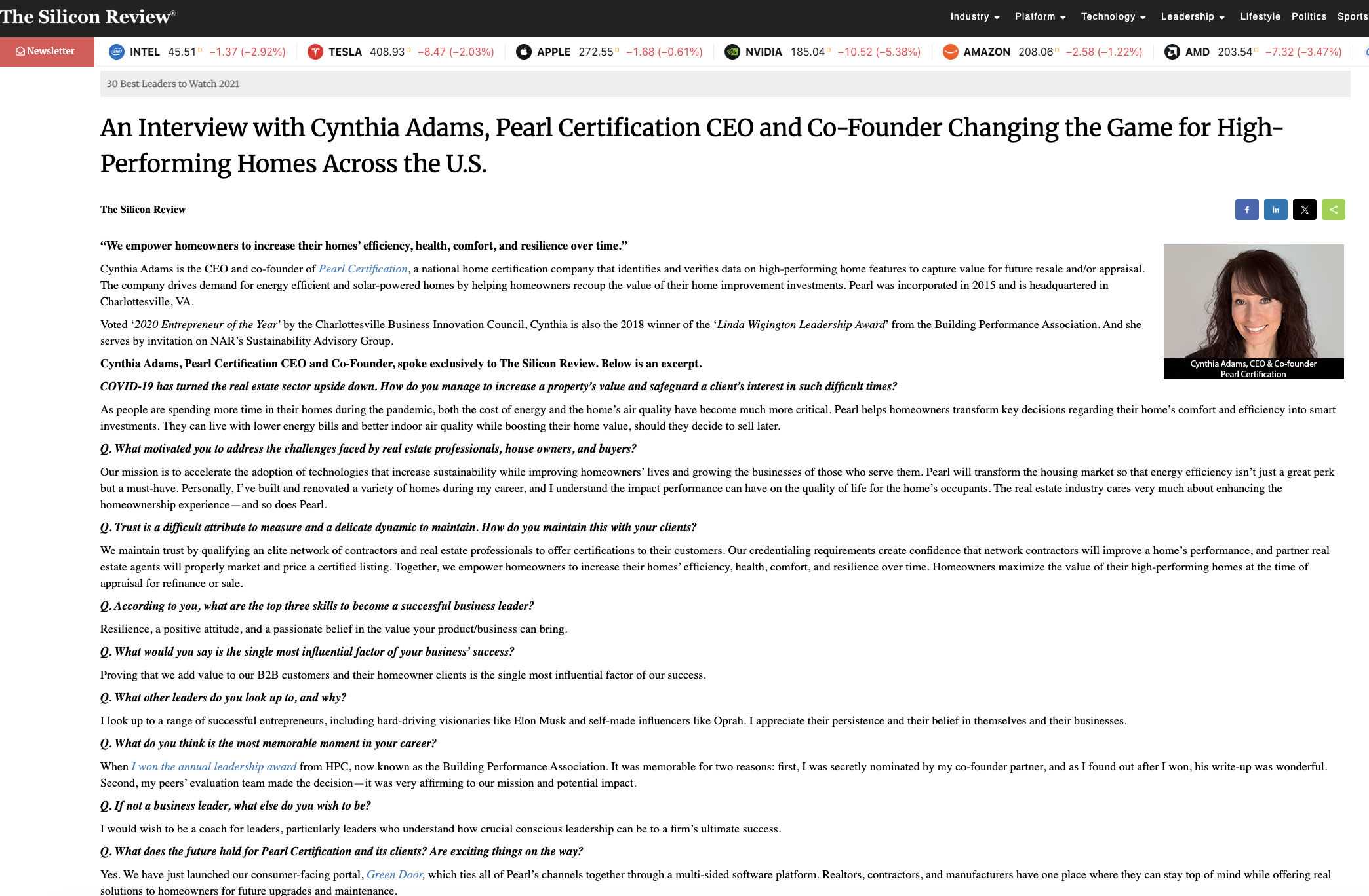 A screenshot of an online interview article from The Silicon Review featuring Cynthia Adams, CEO and Co-Founder of Pearl Certification. The article includes her photograph and is about her work in high-performing homes and real estate.