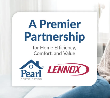 Cover page of a document titled 'A Premier Partnership for Home Efficiency, Comfort, and Value' with logos for Pearl Certification and Lennox.