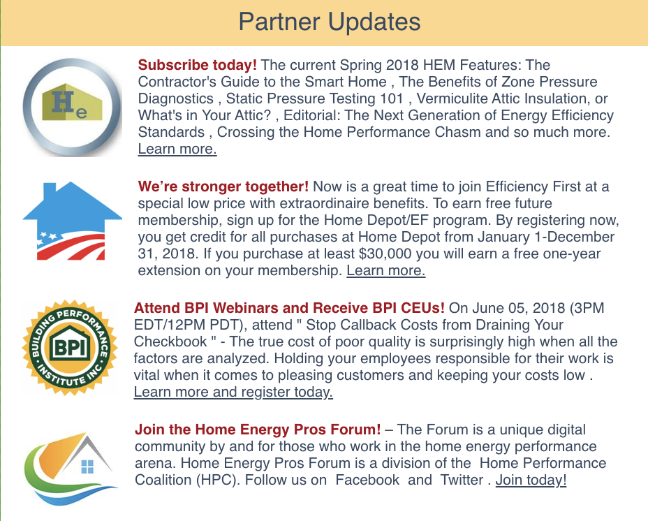A newsletter titled 'Partner Updates' featuring sections about subscribing to current HEM features, joining Efficiency First, attending BPI webinars, and participating in the Home Energy Pros Forum. Includes icons for each section, such as a house, a