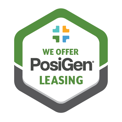 Badge with green and gray border, text reads 'We Offer PosiGen Leasing' with a multi-colored cross logo at the top.