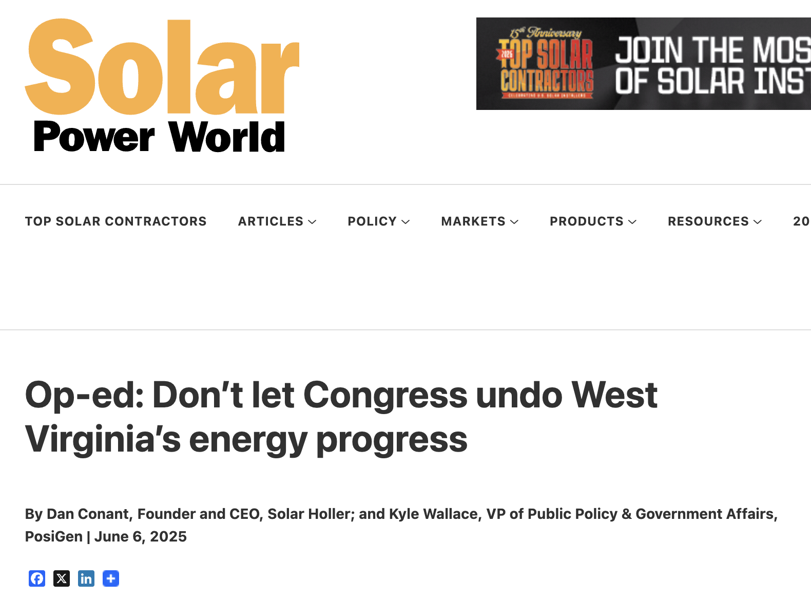 Screenshot of the Solar Power World website featuring an article titled 'Op-ed: Don't let Congress undo West Virginia's energy progress' by Dan Conant and Kyle Wallace, published on June 6, 2025, with navigation menu options and social media icons.