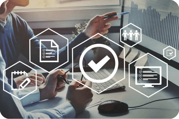 Business professionals analyzing data and documents with digital icons representing checklists, charts, and team collaboration on a computer screen.
