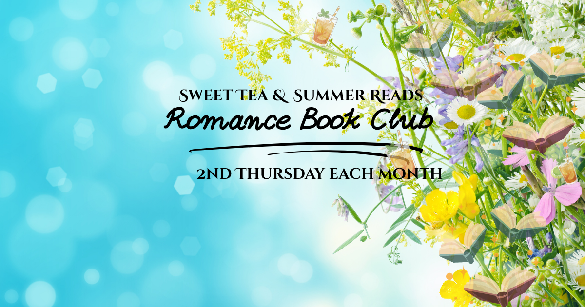 Floral background with daisies, purple and yellow flowers, and open books with glasses on some of them, announcing a romantic book club meeting on the second Thursday of each month.