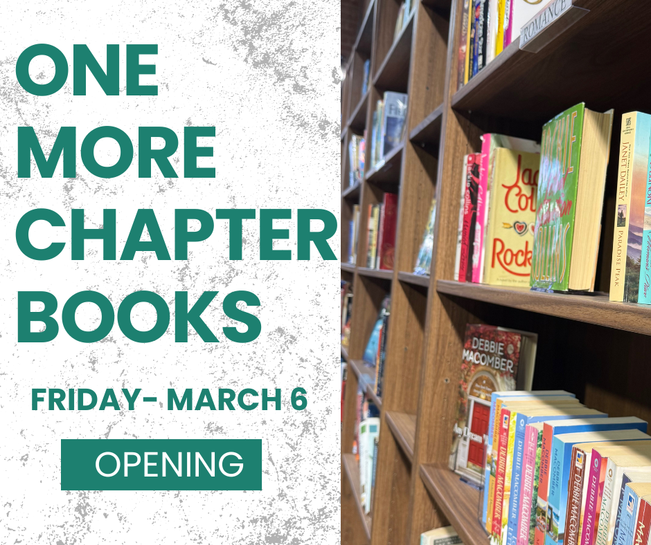 Poster promoting the opening of a chapter books section on Friday, March 6, with a background of bookshelves filled with various books.