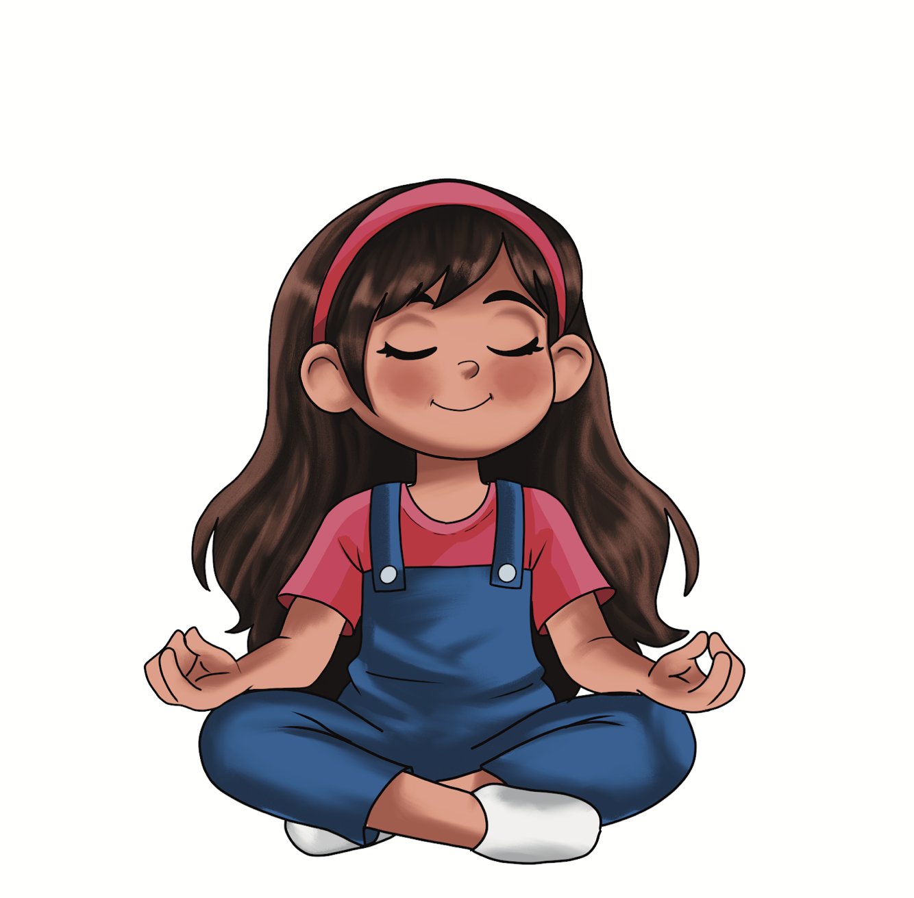 A young girl with long brown hair, wearing a pink headband, red shirt, and blue overalls, sitting cross-legged in a meditative pose with eyes closed and a peaceful smile.