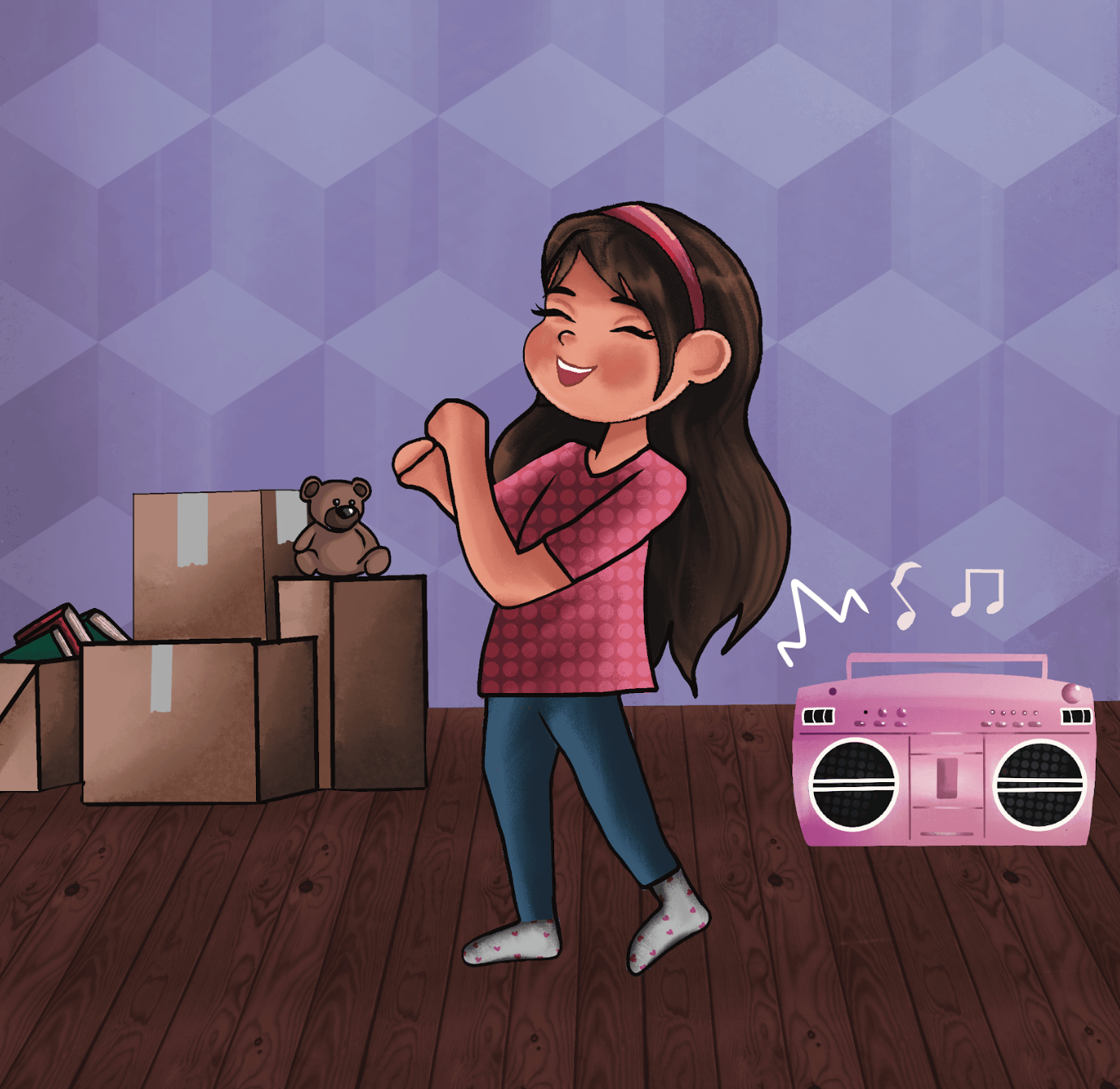 A smiling girl dancing in her bedroom with a pink boombox playing music, surrounded by moving boxes, a teddy bear, and a stack of books.