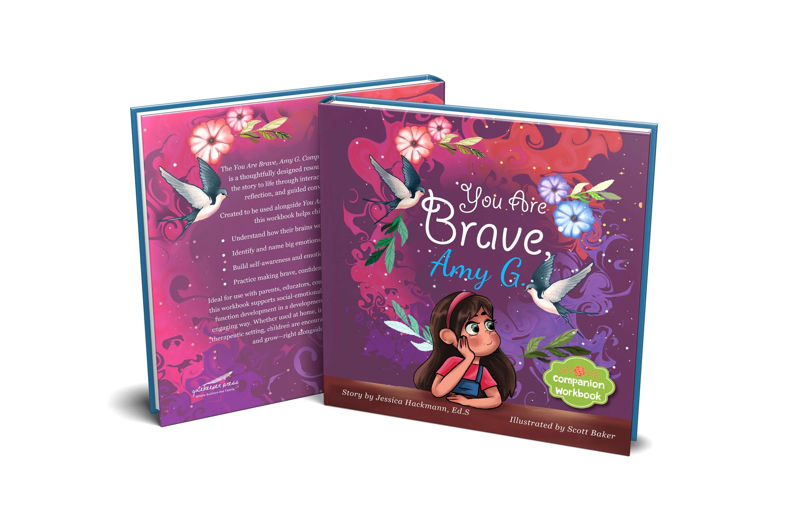 Book titled "You Are Brave" by Amy G. featuring a cartoon girl with brown hair and a pink headband, surrounded by swirling purple and pink background with flowers and two hummingbirds.