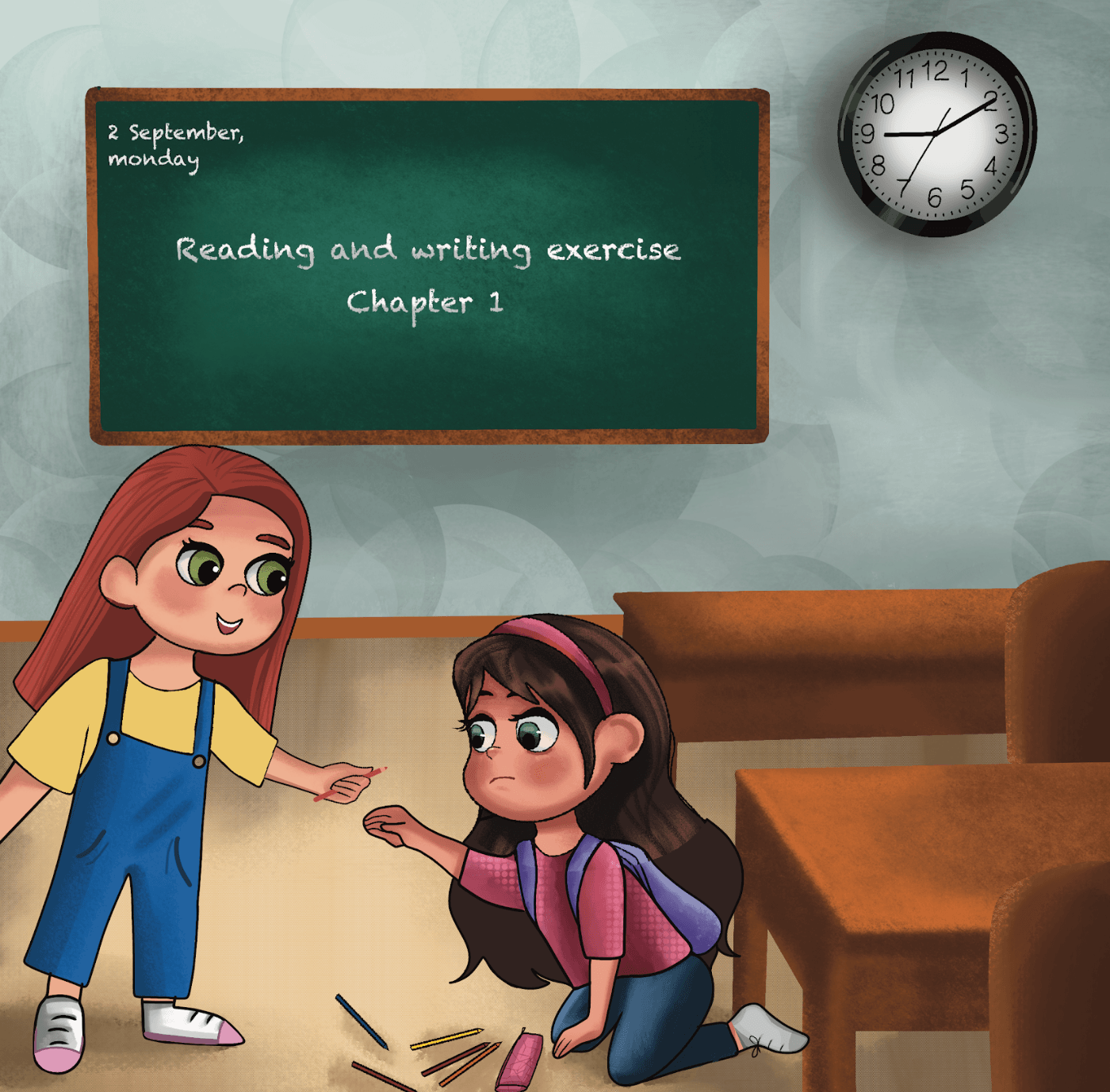 Illustration of red headed girl helping girl with brown hair pick up pencils. The girls are in a classroom with a clock on the wall, chalkboard on the wall.