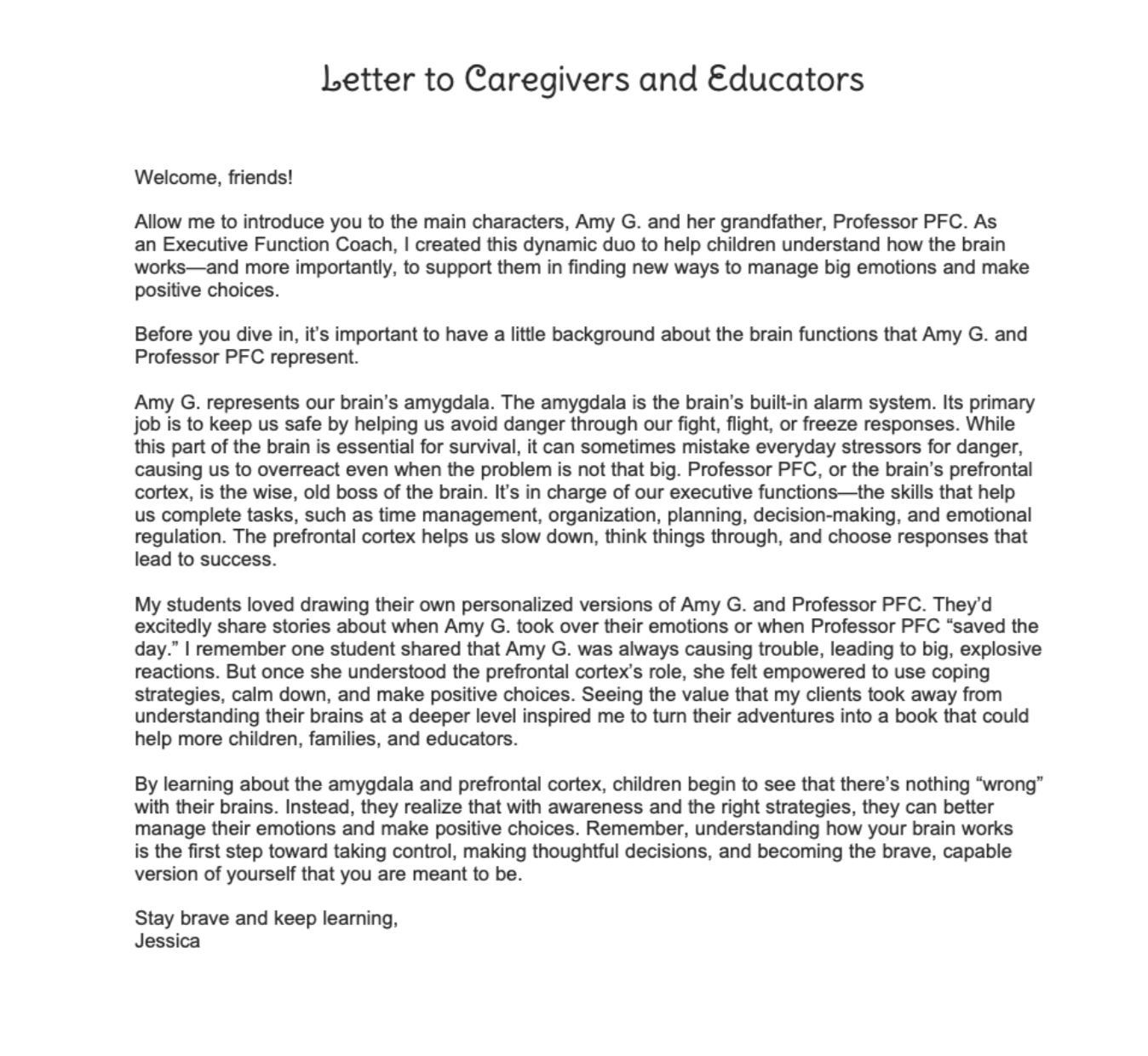 Interior page in You are Brave, Amy G. to Caregivers and Educators