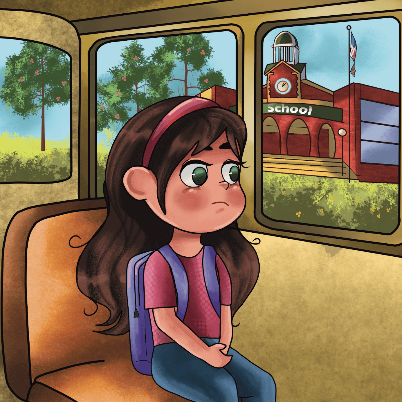 A young girl with long brown hair, wearing a pink shirt and blue jeans, sitting on a bus with a purple backpack, looking out the window with a sad expression. Outside the window is a school building and trees.