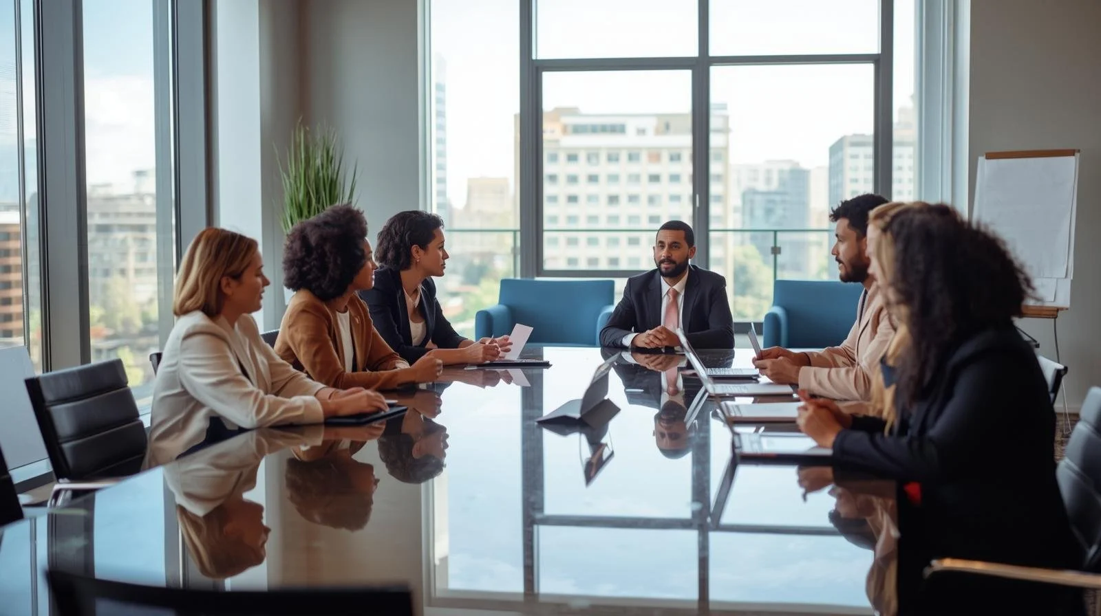 Business meeting with seven professionals sitting around a glass conference table in a modern office with large windows overlooking a cityscape.
