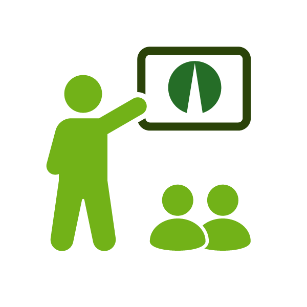 A green icon of a person standing and pointing to a presentation board with a pie chart, with two seated figures in front.