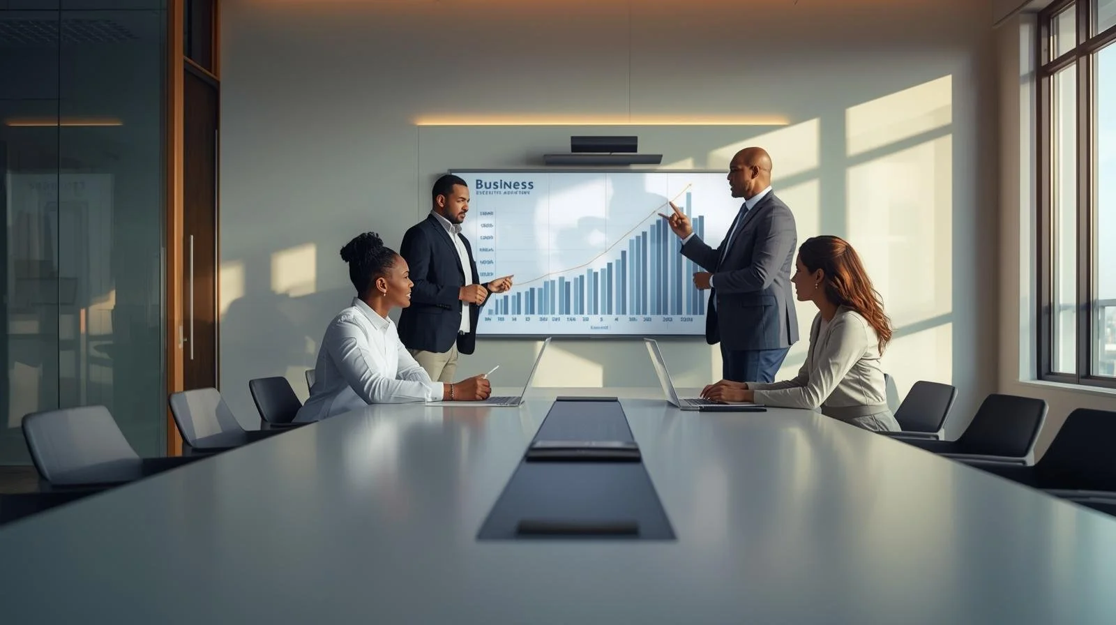 Business meeting with four professionals in a conference room, two seated working on laptops, two standing presenting a bar graph on a screen showing business growth.