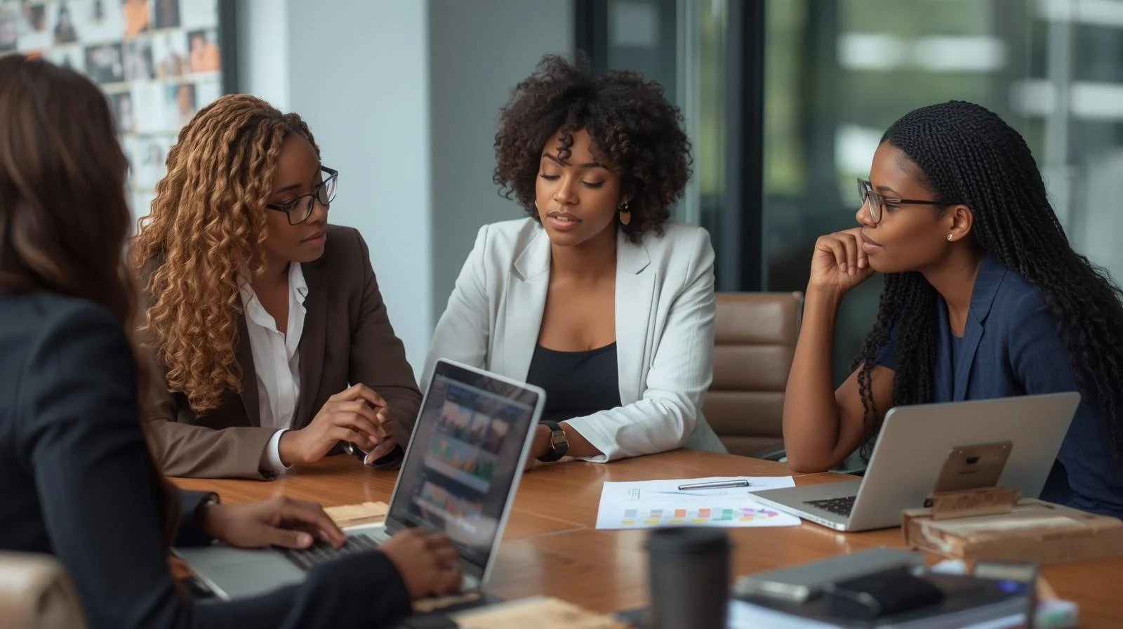 Four women in business attire sitting around a conference table in a meeting room, engaged in discussion with laptops, documents, and a coffee cup on the table.