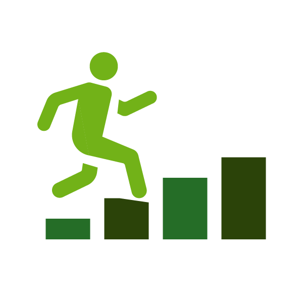 A green stick figure climbing ascending green and dark green bars, symbolizing growth or progress.