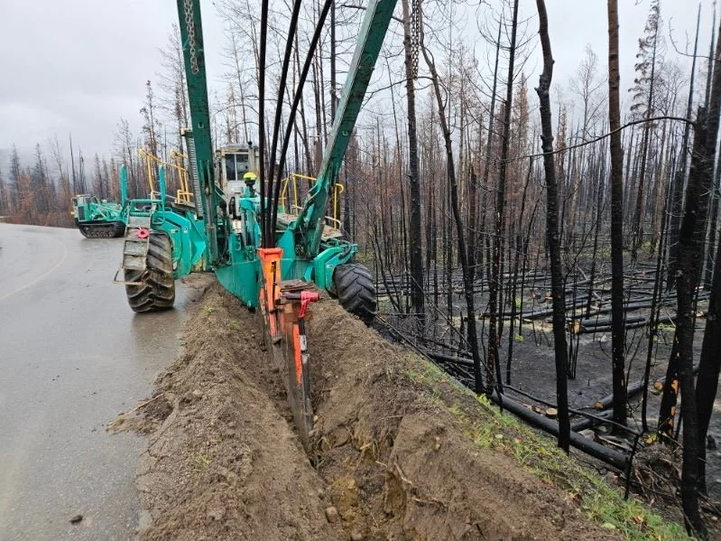 Construction equipment digging a trench along a road, next to burned trees in a forested area.