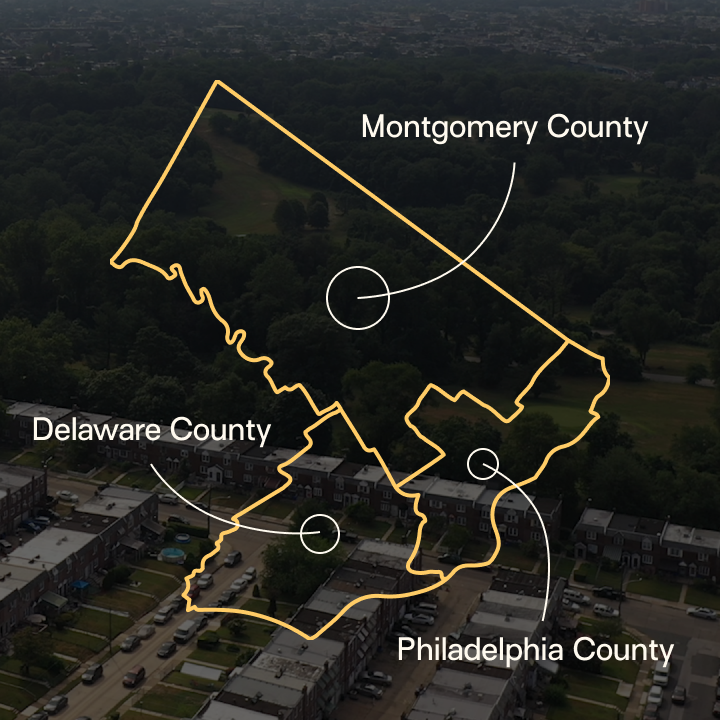 Abstract map showcasing connecting communities amongst multiple counties including: Montgomery County, Delaware County, and Philadelphia County