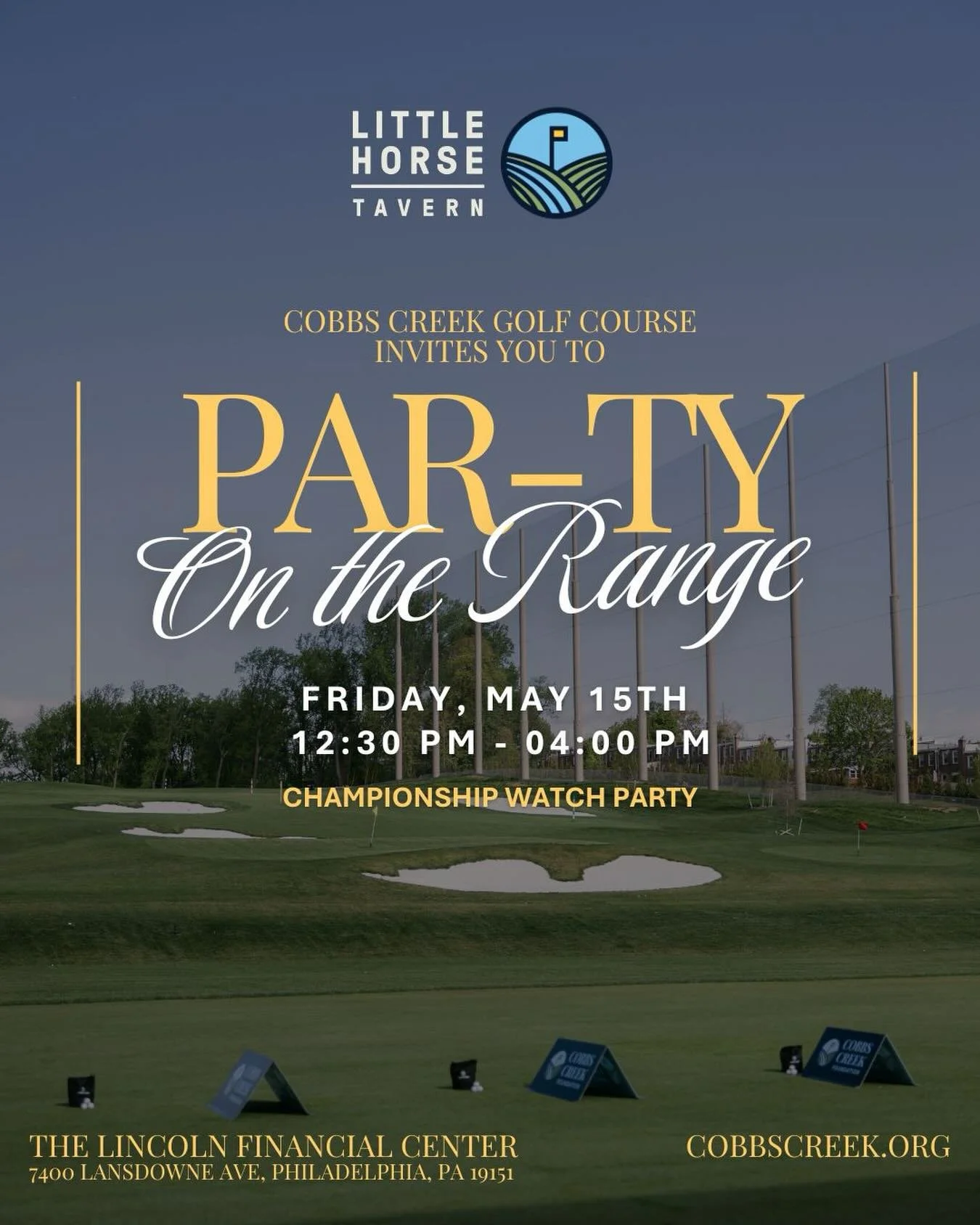 Take a midday break and join us at Cobbs Creek for a championship watch party this Friday.

Follow the tournament on screen while enjoying happy hour specials, signature cocktails, and time on the driving range.

Register at the link in our bio⛳️we h