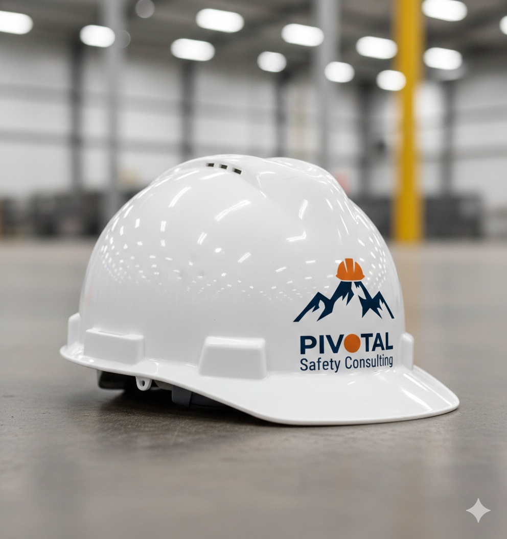 Hard Hat with Pivotal Safety Consulting Logo on it