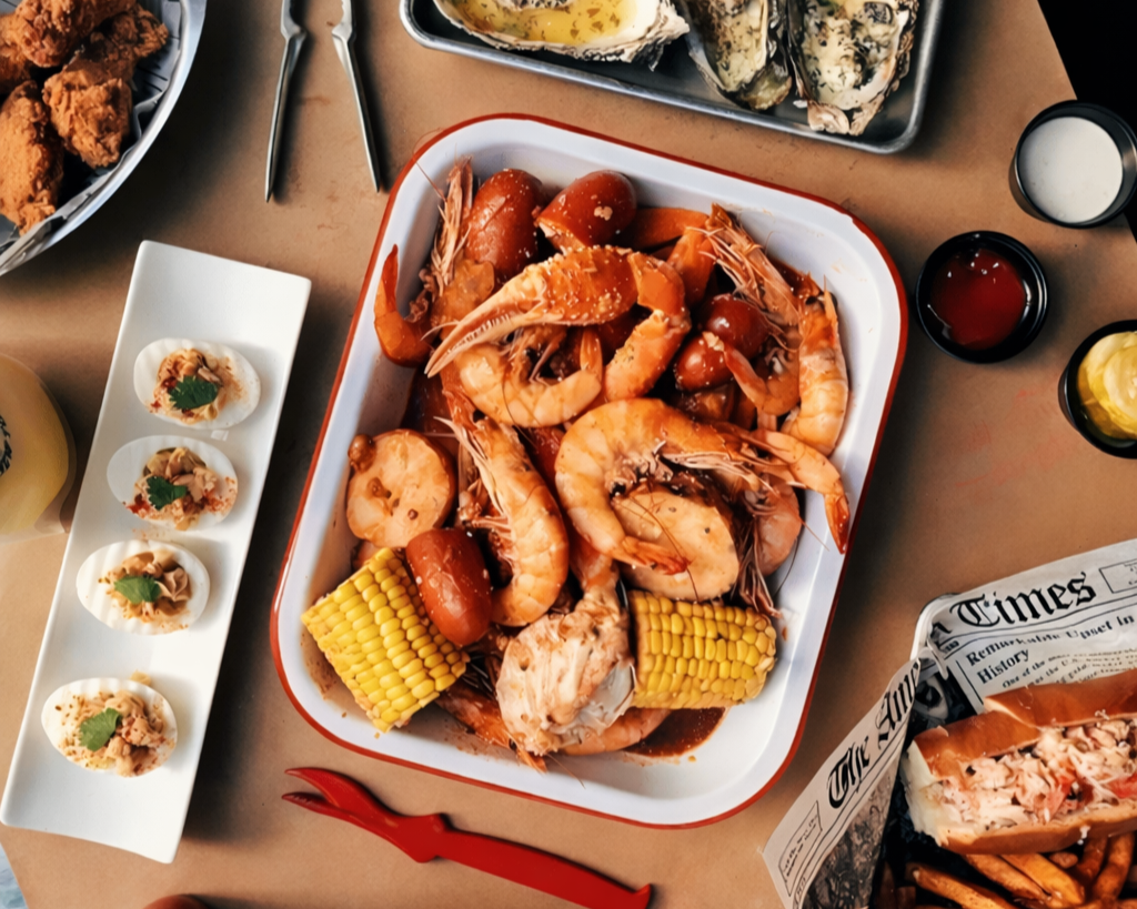 A tray of cooked shrimp, sausage, and corn on the cob, with side dishes including deviled eggs, fried chicken, and seafood in breading, along with various dipping sauces on a beige table.
