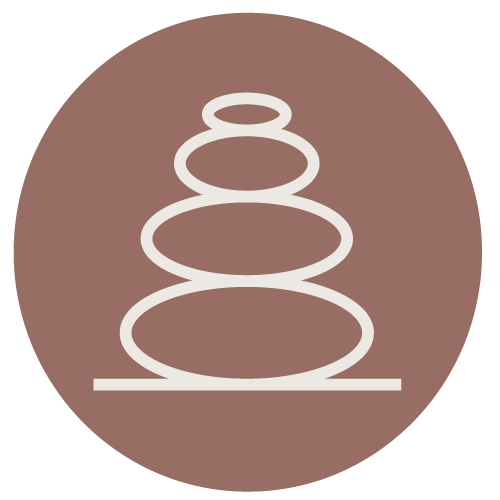 Minimalist illustration of stacked stones or pebbles on a horizontal surface, with a brown circular background.