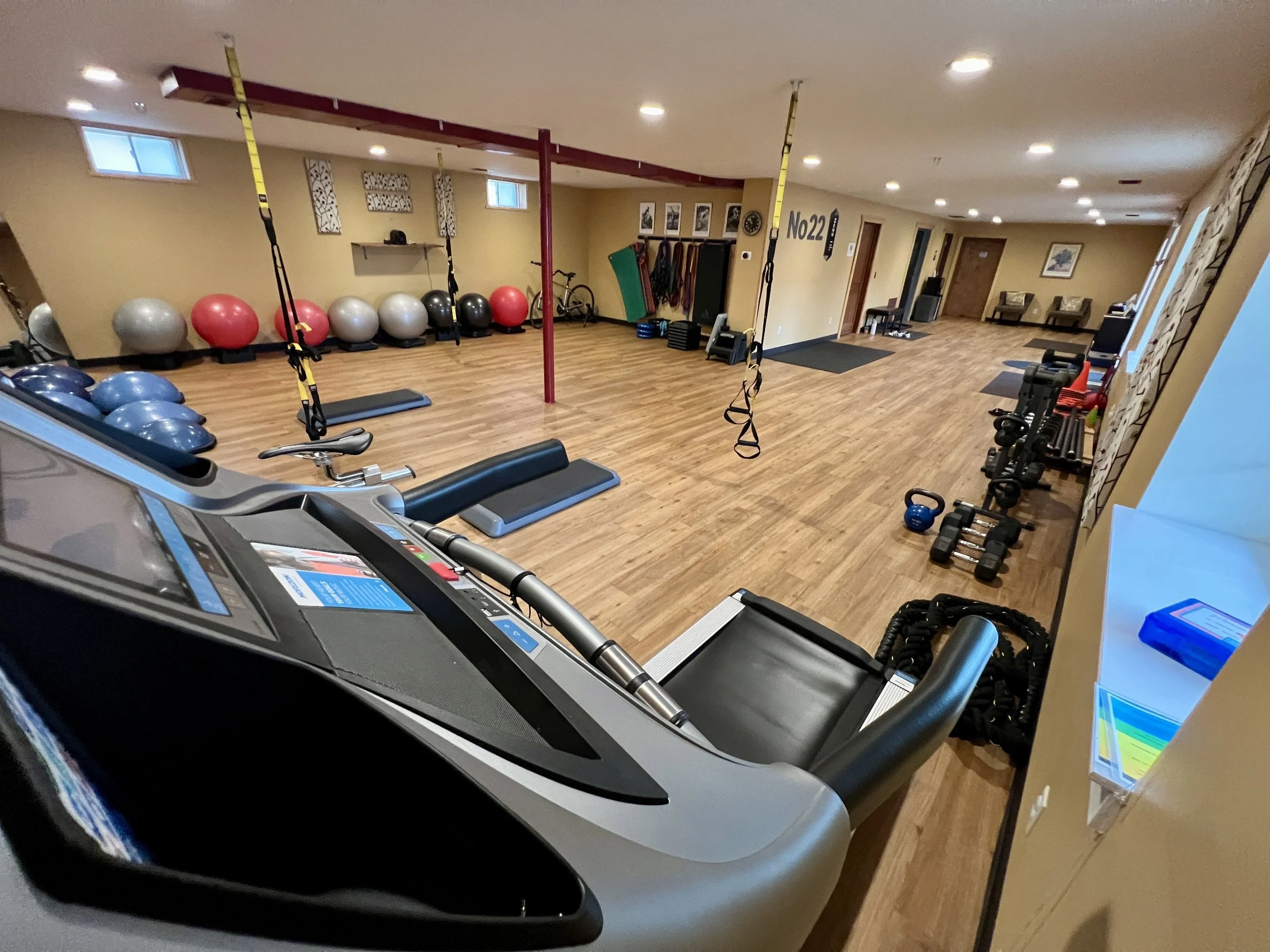 Verona Fitness Studio with exercise equipment including a treadmill in the foreground, stability balls, weights, and a bicycle against the wall in the background, with wood flooring and beige walls.