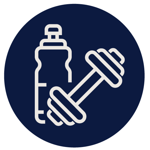 Outline of a water bottle and a dumbbell on a dark blue circular background.