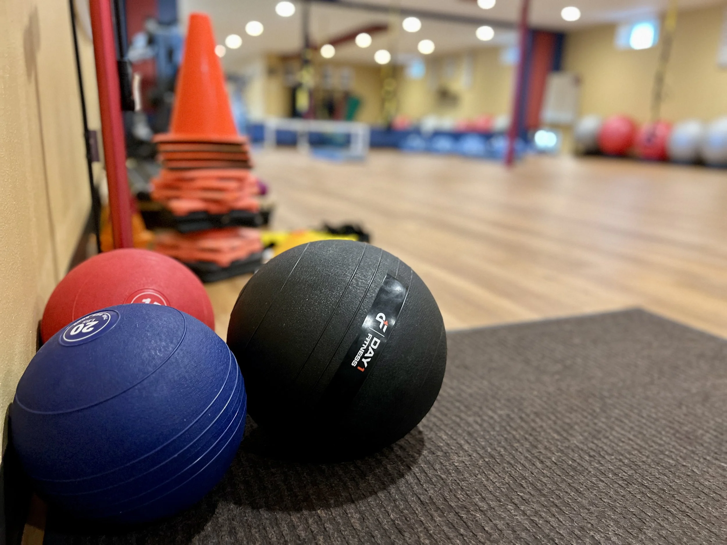 Gray, black, red, blue, and pink exercise medicine balls on Verona Fitness Studio gym floor with orange cones and workout equipment in the background.
