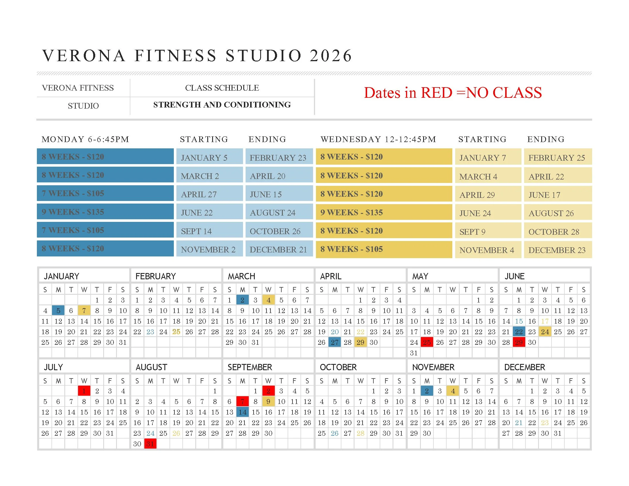 A 2026 calendar with class schedules for Verona Fitness Studio, showing dates in red indicating no class days, with color-coded week durations and prices.
