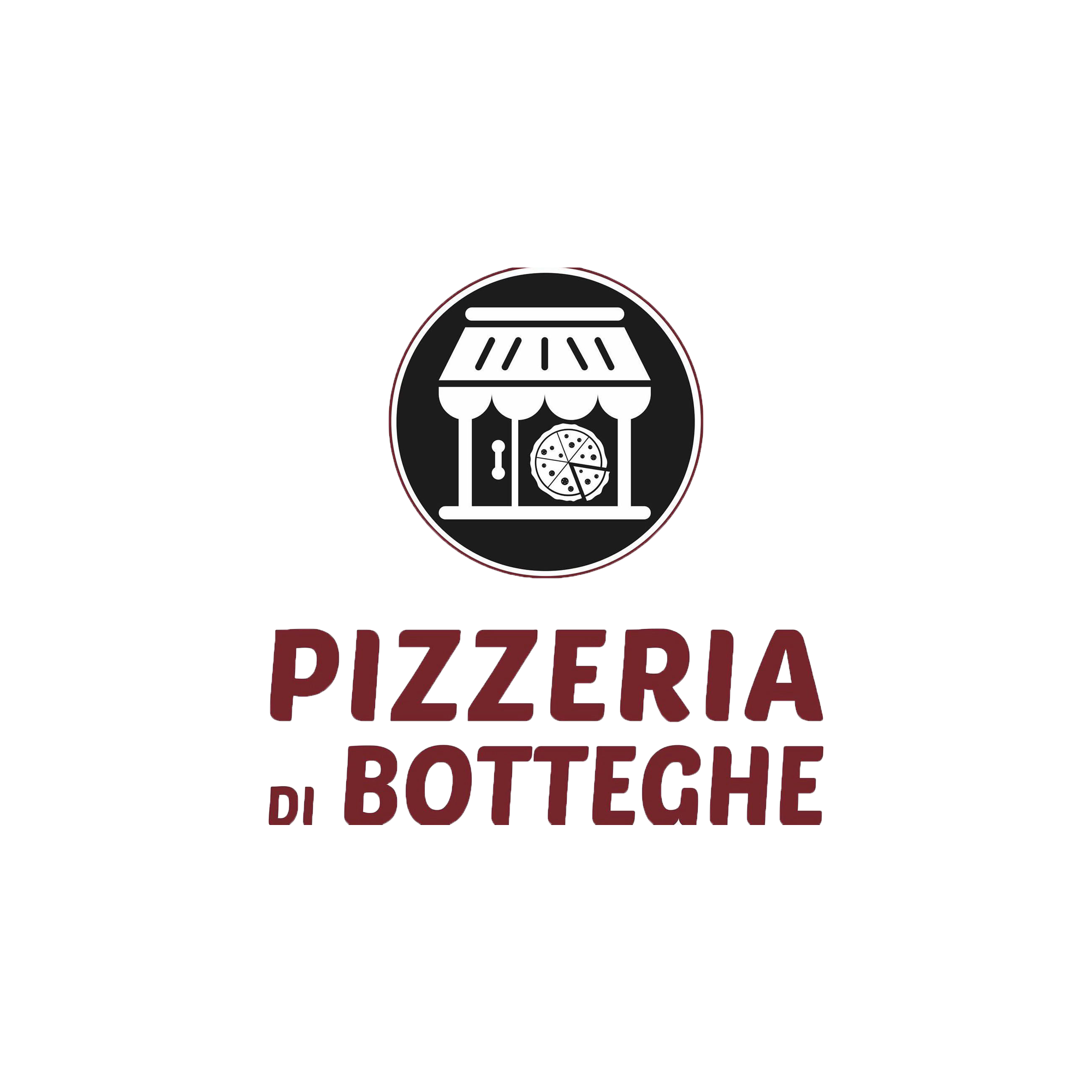 Logo di una pizzeria con icona di un negozio di pizza e scritta 'Pizzeria di Botticelle' in caratteri rosso scuro.