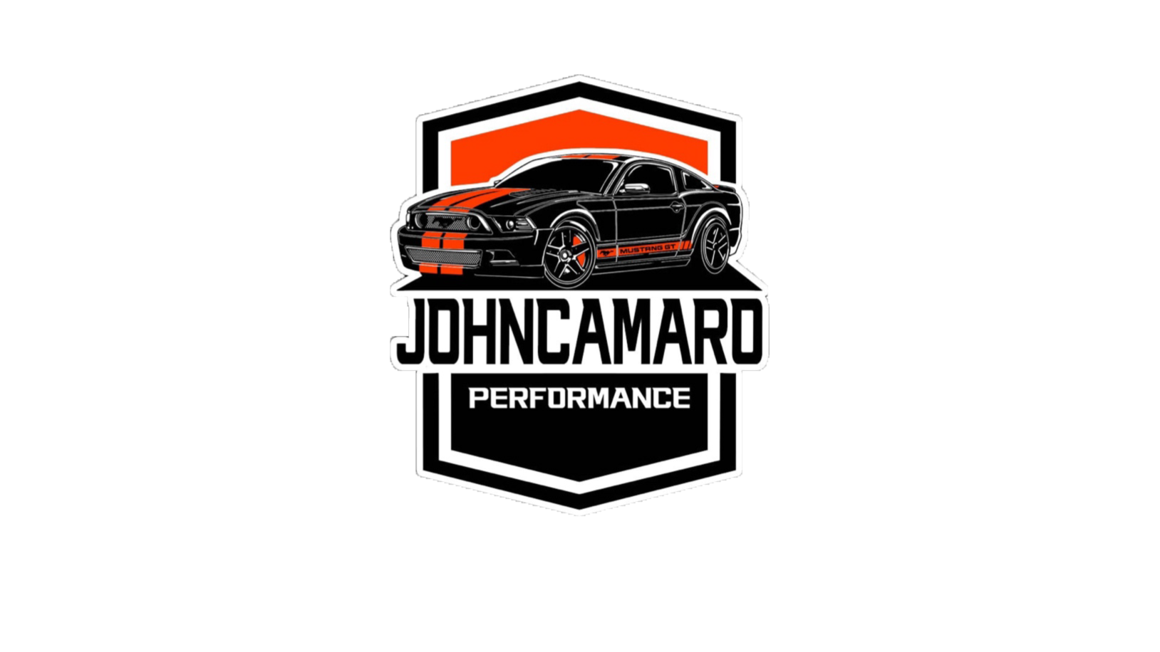 Logo con auto sportiva nera con strisce rosse, scritto 'JOHNCAMARDO PERFORMANCE'.