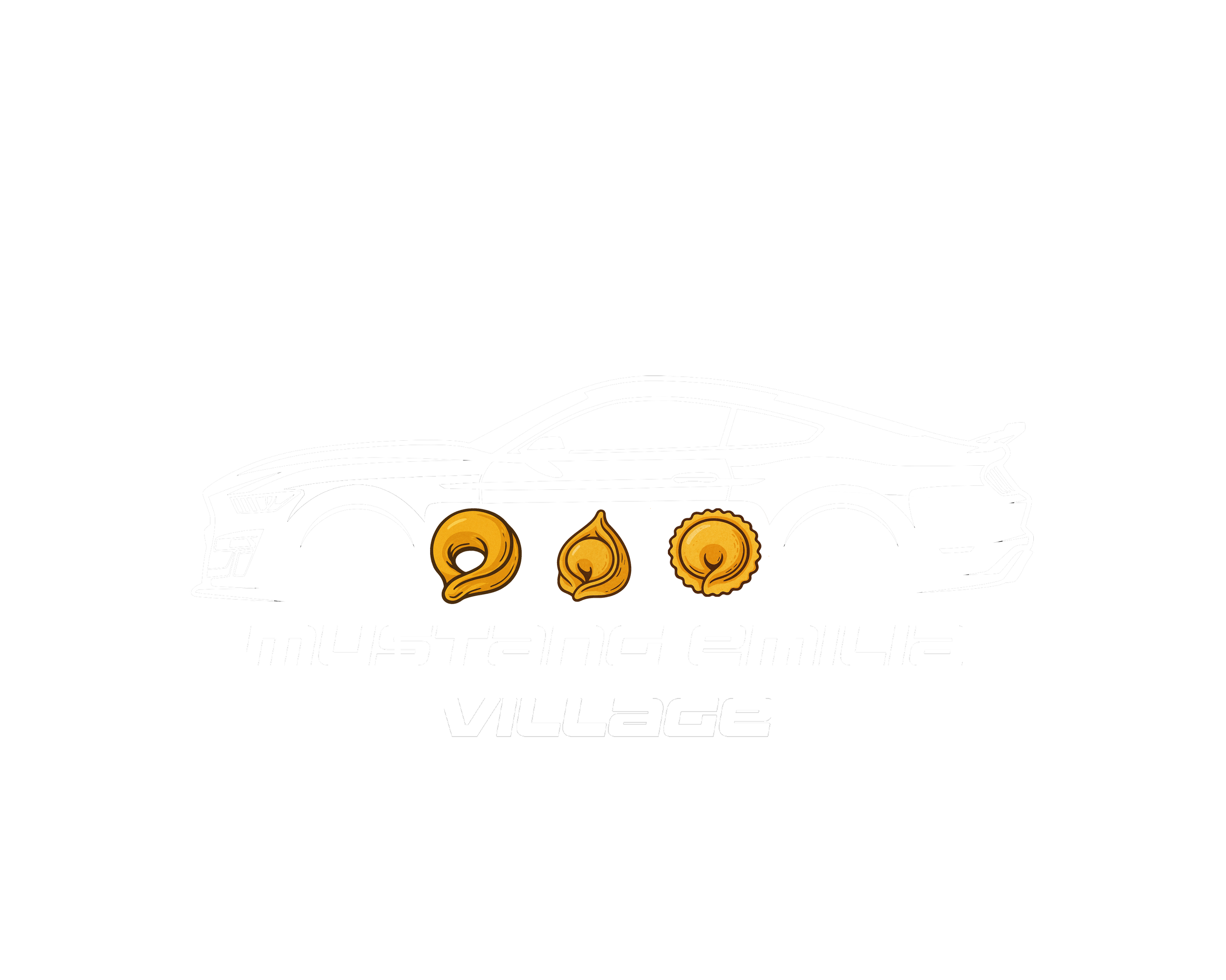 Logo del Mustang Emilia Village con un'auto outlines e tre ciambelle di cioccolato disegnate sopra, testo in bianco 'Mustang Emilia Village'.