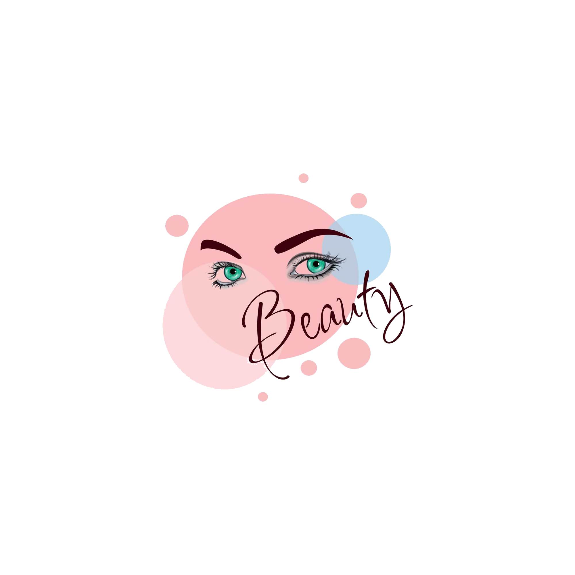 Logo con volto femminile stilizzato, occhi azzurri e sopracciglia marcate, con la parola 'Beauty' scritta in stile corsivo sugli zigomi, sfondo con sfere e linee colorate