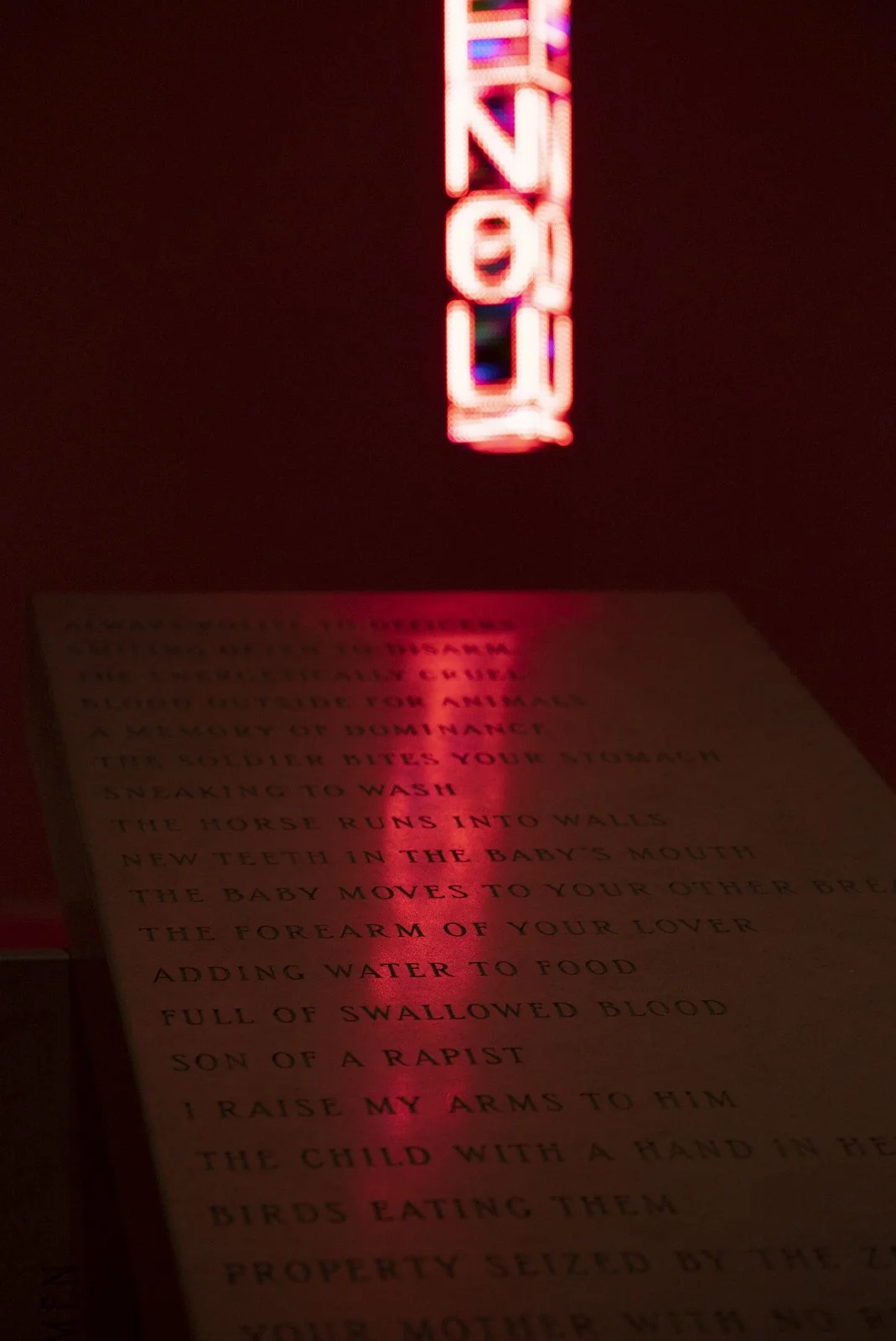 THERE WAS A WAR, 2018
LED sign with blue, green, & red diodes
90 x 5.5 x 5.5 in. / 228.6 x 14 x 14 cm
Text: Interviews conducted by Save the Children (STC) in Jordan, from case studies, © 2012–16 by STC. Used with permission of STC. All names have be